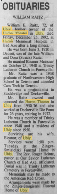 Huron Theatre - Former Owner Of The Theater Passes On Dec 1992 (newer photo)